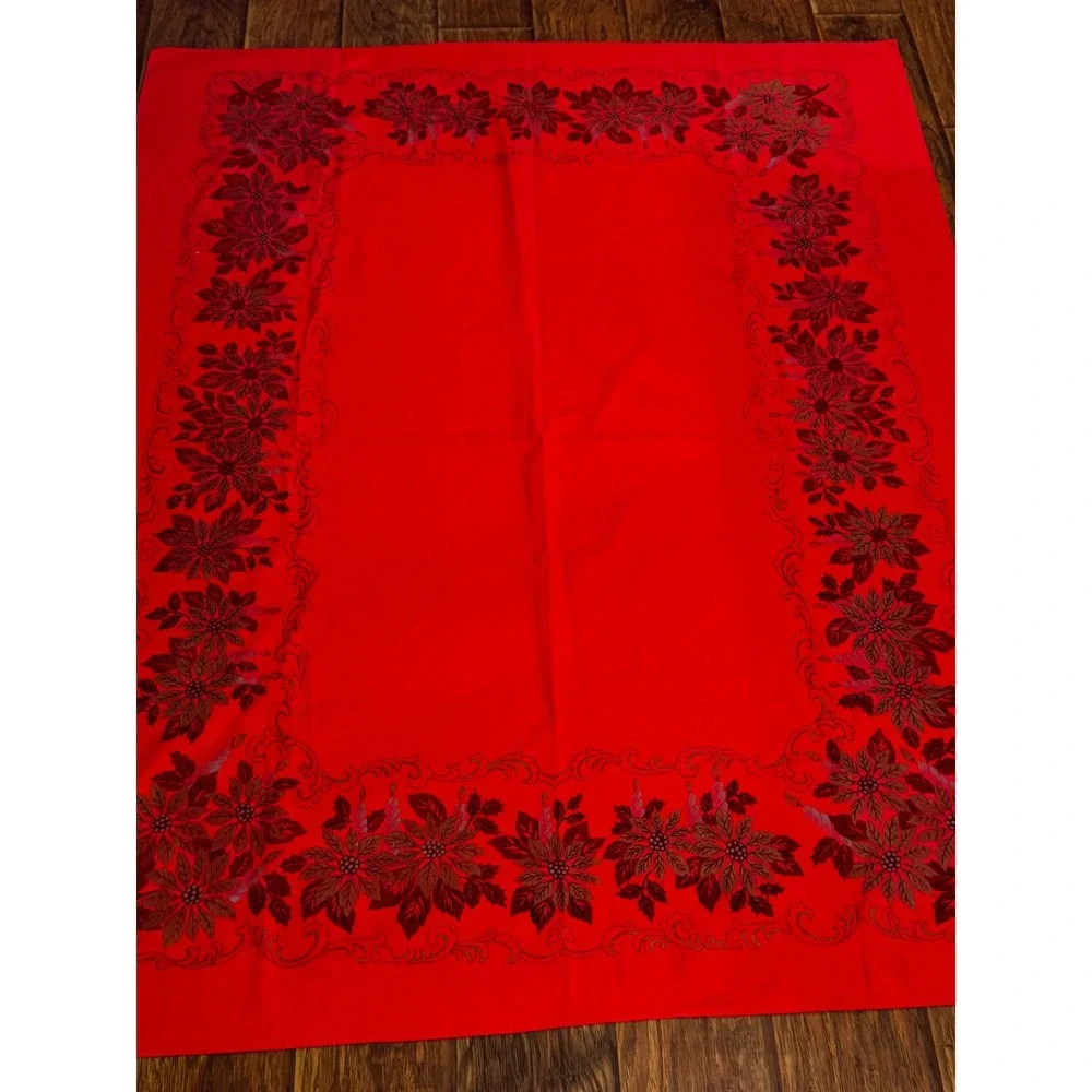 Vintage Christmas Poinsettia Tablecloth Red Rectangle 52x62